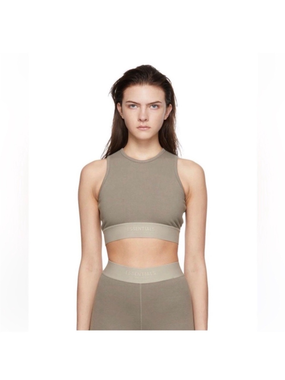 Essentials Olive High-Neck Sport Crop Bra Size S 95% Cotton